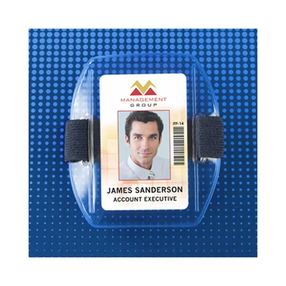 Clear Vinyl Vertical Arm Band Badge Holder (blue strap), 2-3/8" x 3-3/8"