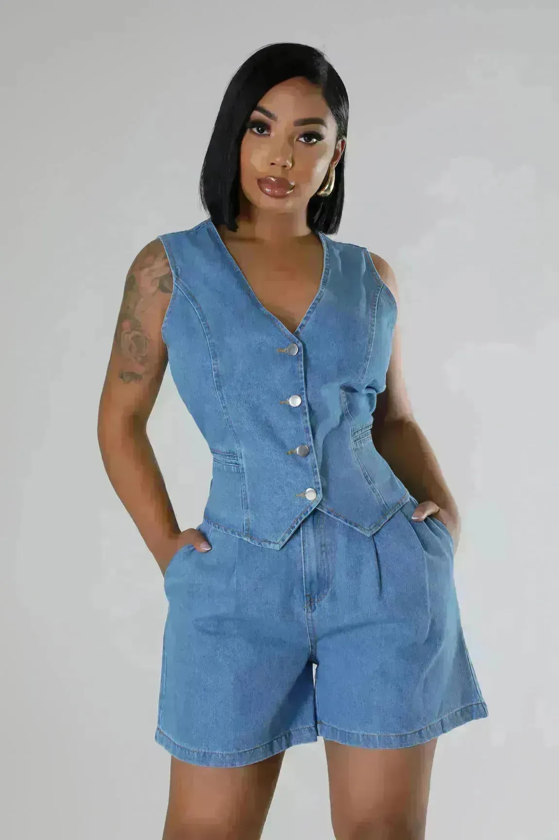 Fashion Casual Sleeveless High Waist Women's Denim Shorts Suit Denim 2 piece sets