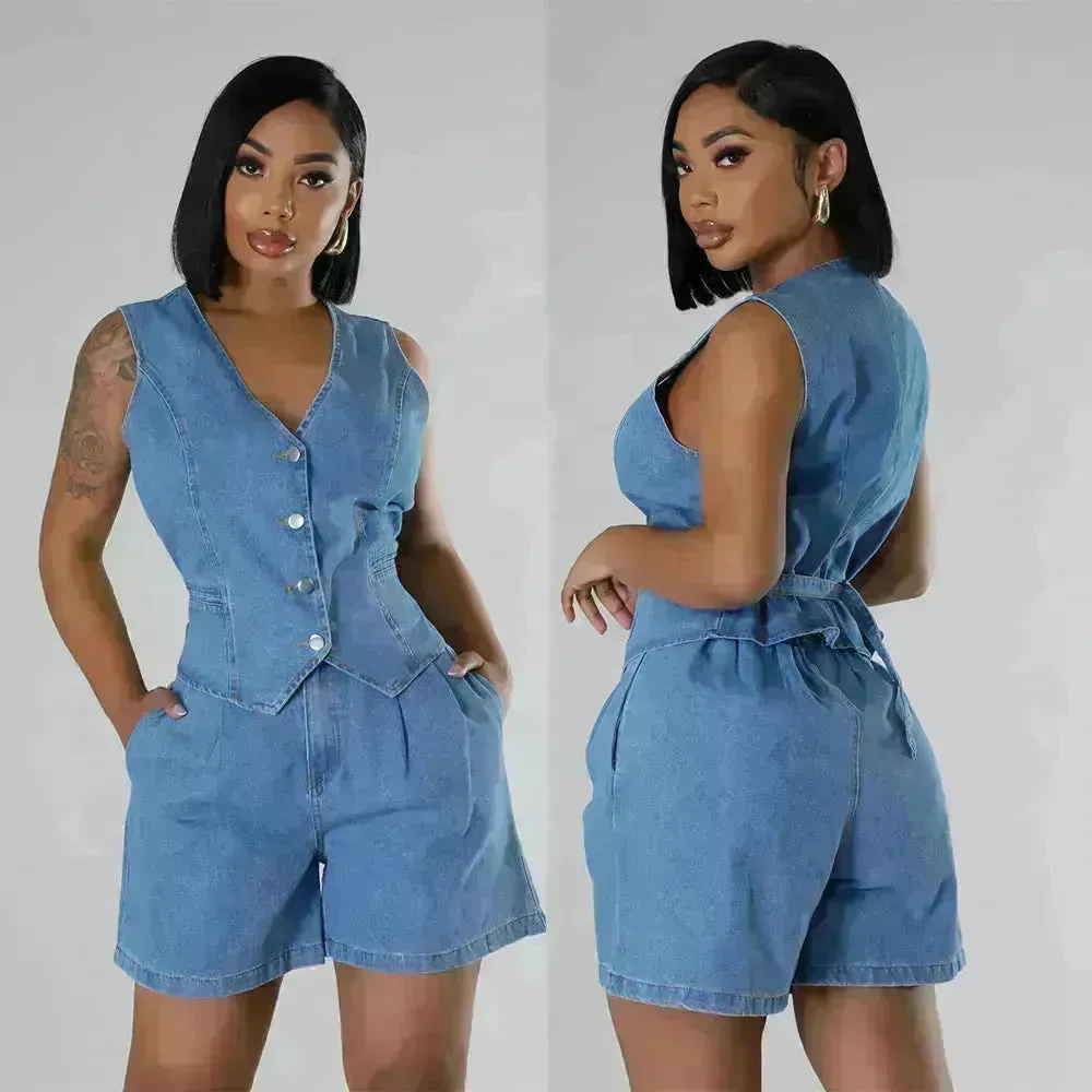 Fashion Casual Sleeveless High Waist Women's Denim Shorts Suit Denim 2 piece sets