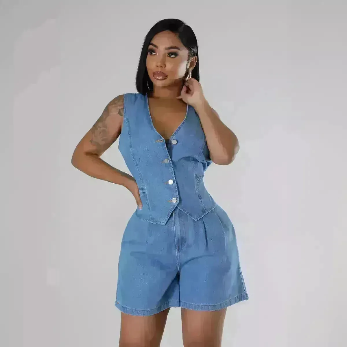 Fashion Casual Sleeveless High Waist Women's Denim Shorts Suit Denim 2 piece sets
