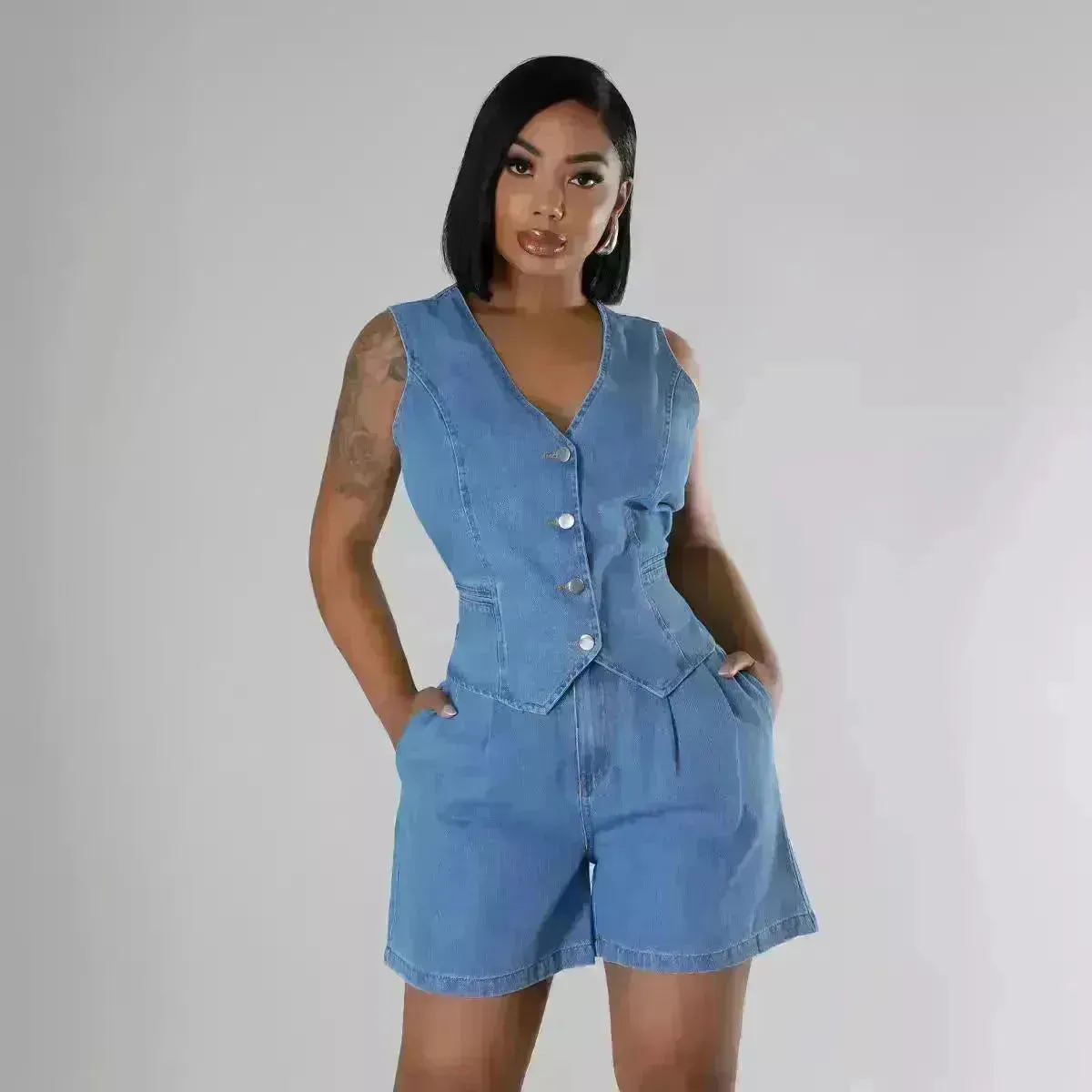 Fashion Casual Sleeveless High Waist Women's Denim Shorts Suit Denim 2 piece sets
