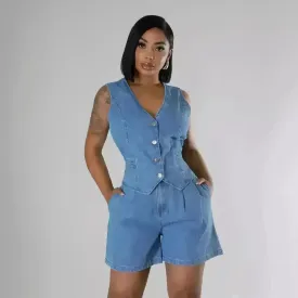 Fashion Casual Sleeveless High Waist Women's Denim Shorts Suit Denim 2 piece sets