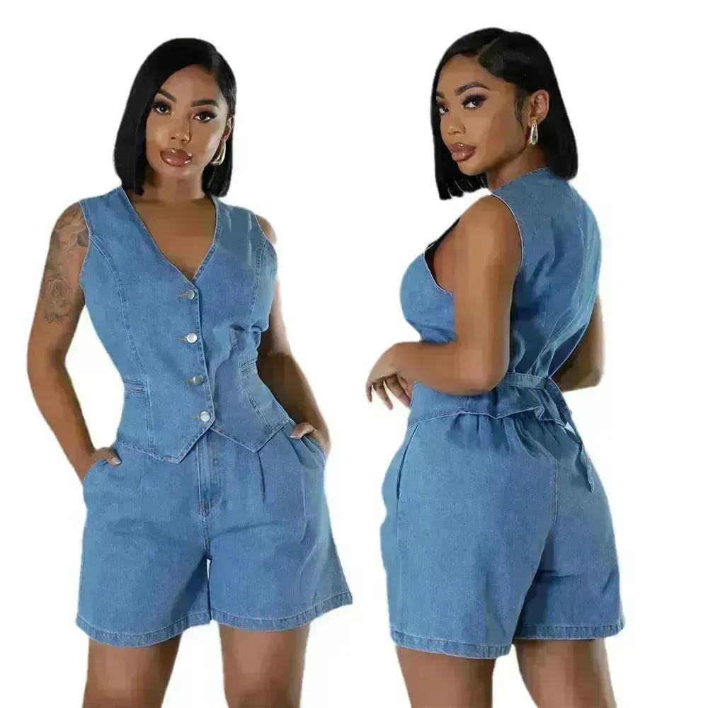 Fashion Casual Sleeveless High Waist Women's Denim Shorts Suit Denim 2 piece sets