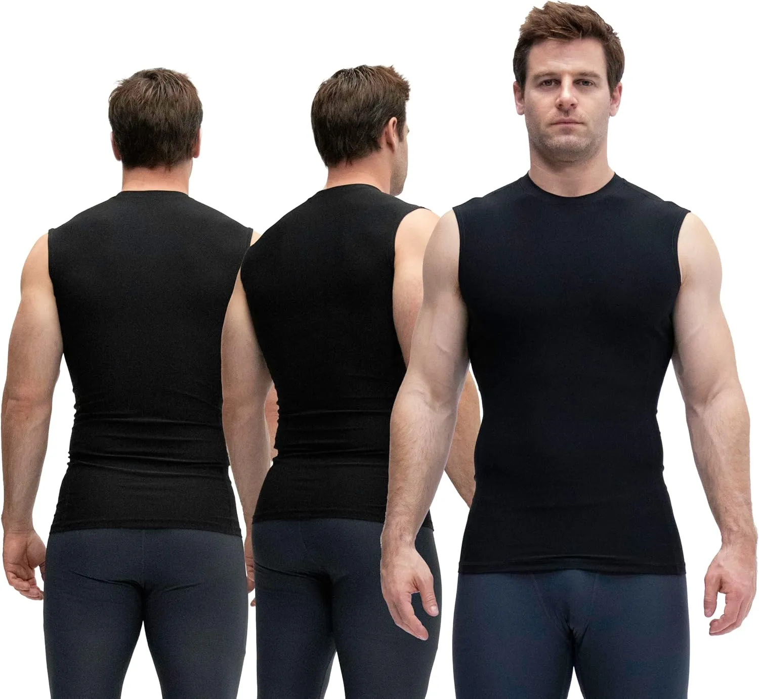 KISTA 3 Pack Men's Sleeveless Workout Shirts, Dry Fit Running Compression Cutoff Shirts, Athletic Base Layer Tank Top