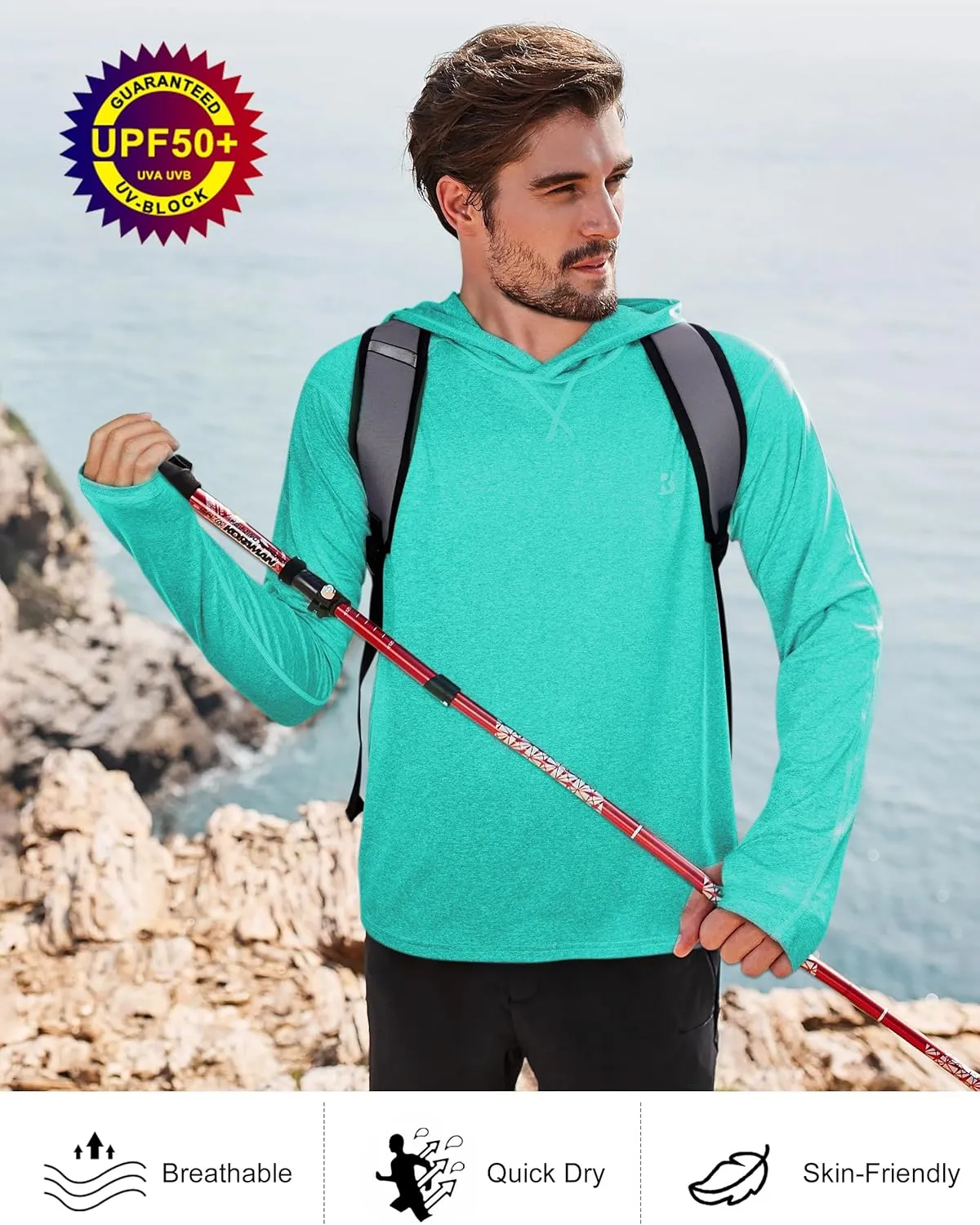 Roadbox Mens UPF 50  Fishing Shirts, Long Sleeve UV Sun Hoodie, Hiking Running Swim Athletic Workout Shirt