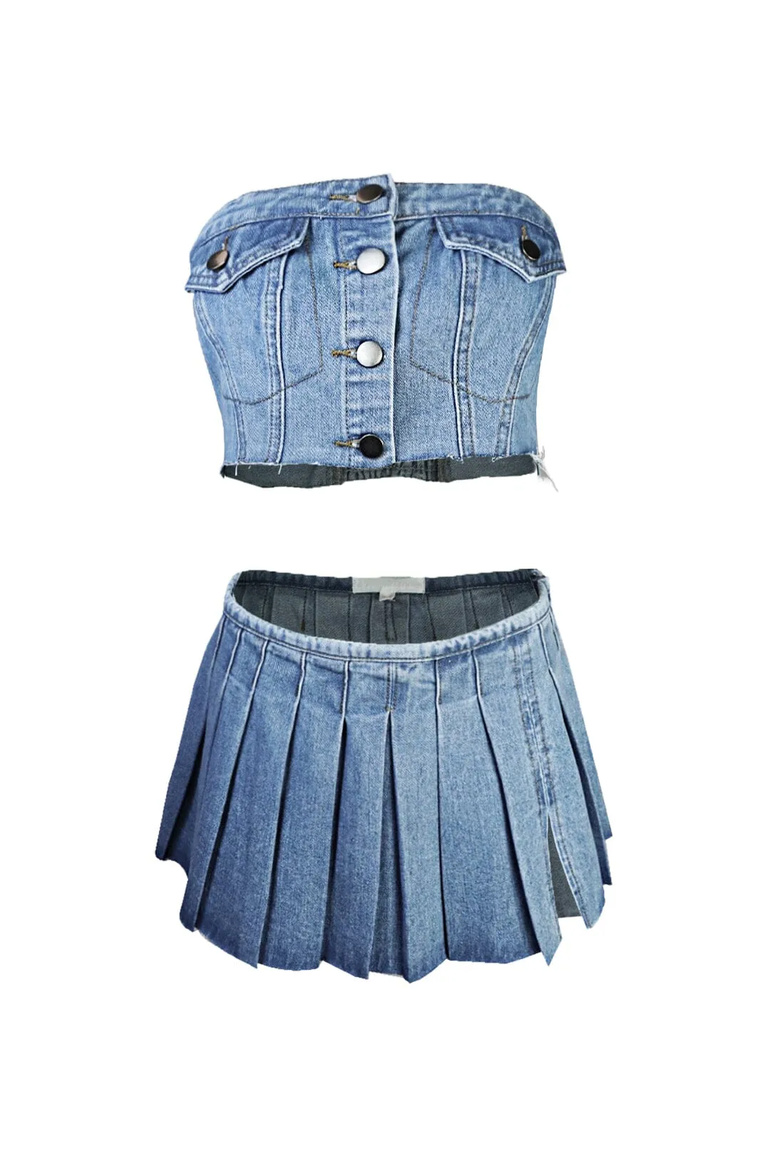 The Intro Denim Tube Top & Skirt SET
